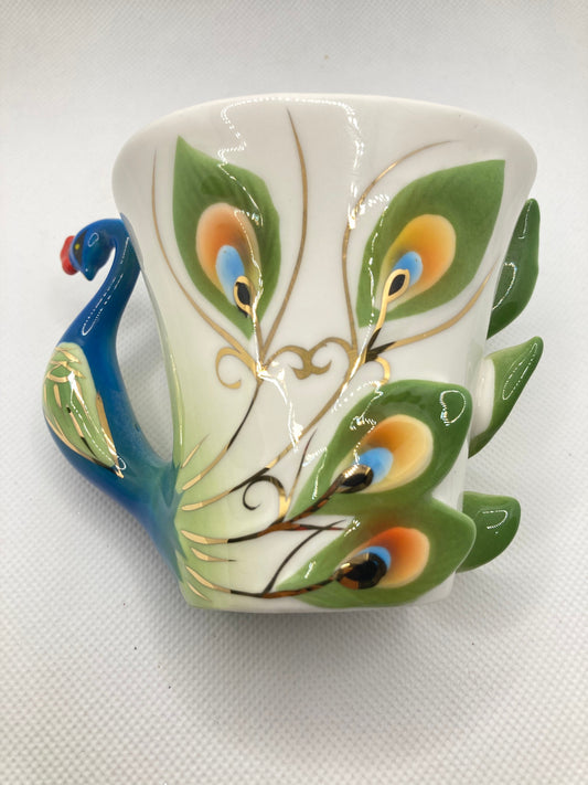 3D Peacock Cup and Saucer Set: Enamel Porcelain Coffee Mug