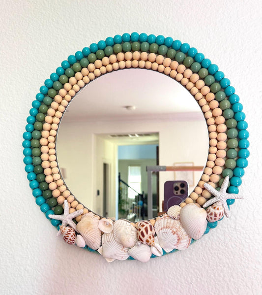 14” Handmade Seashell Beaded Mirror | Coastal Wall Decor | Ocean-Inspired Boho Mirror | Beach House Home Decor